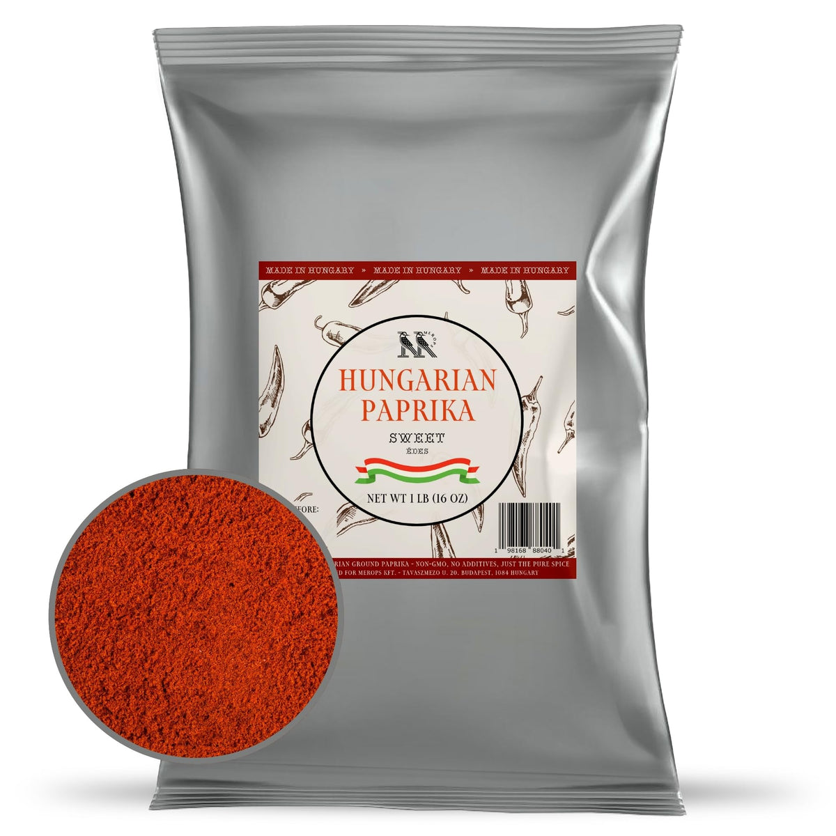 MEROPS front packaging showing 16 oz non-GMO paprika and clear branding
