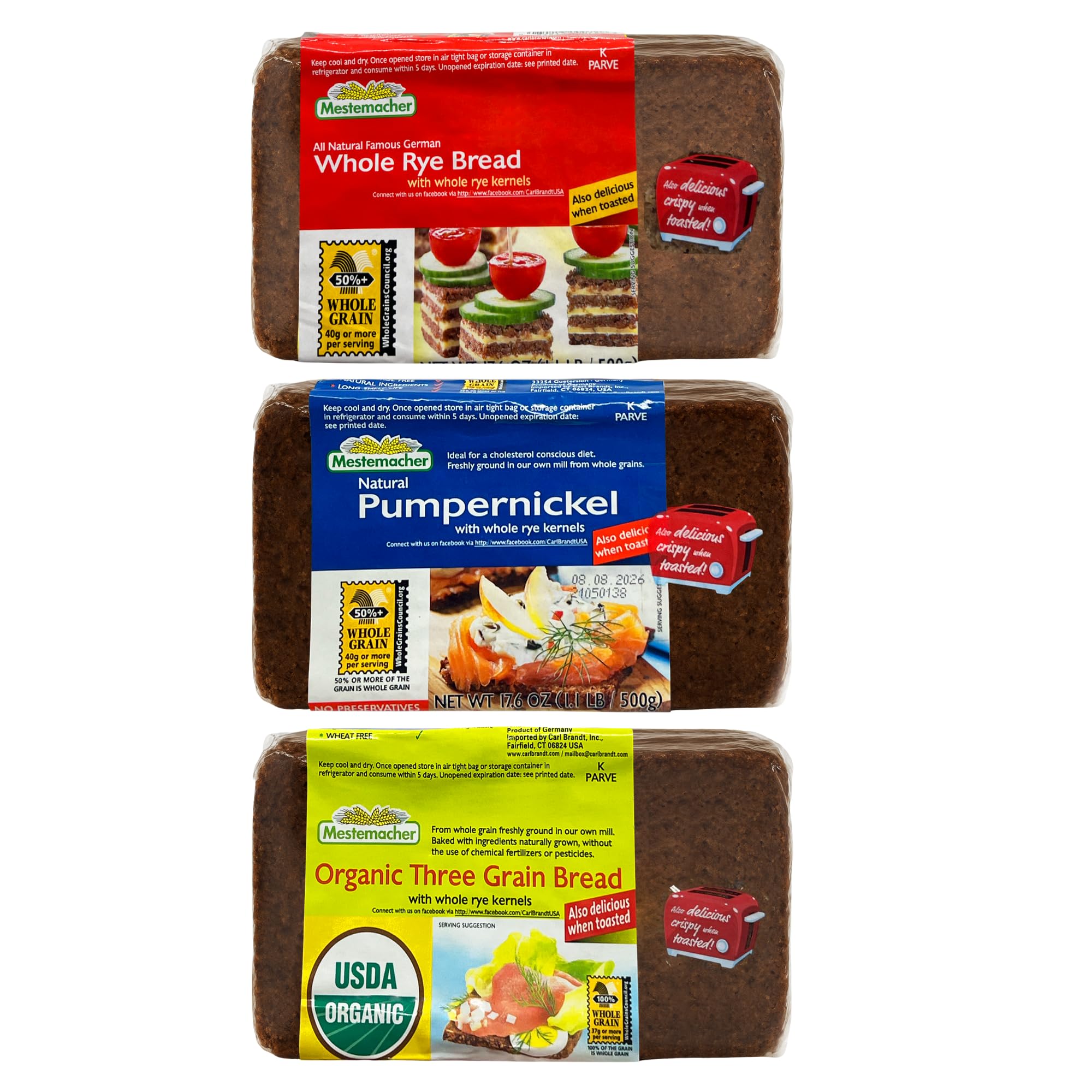 Mestemacher front packaging of three-loaf bundle showing variety and convenience