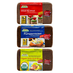 Mestemacher front packaging of three-loaf bundle showing variety and convenience