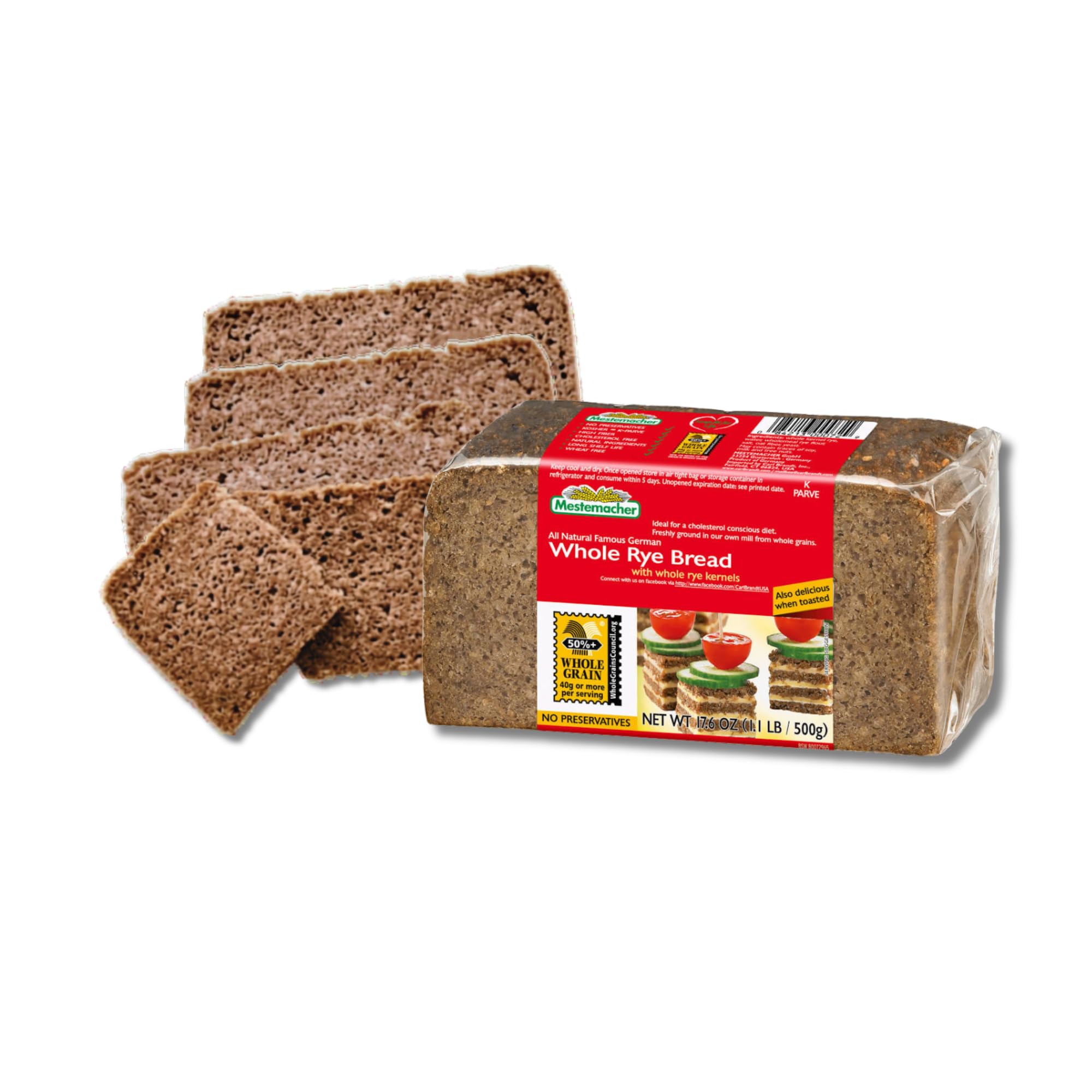 Mestemacher pre-sliced loaf side view showing ready-to-eat convenience and firm slices