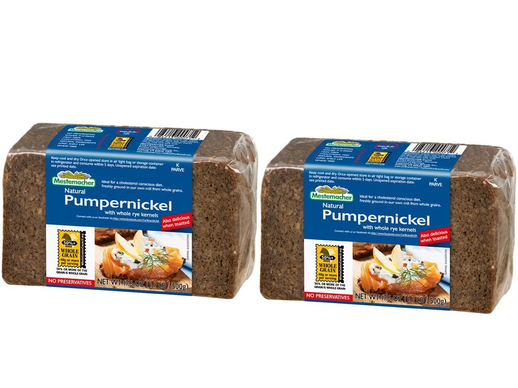 Mestemacher front packaging showing whole rye pumpernickel and convenience
