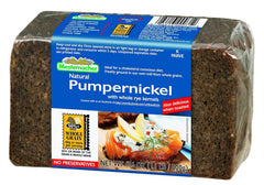 Pre-sliced Mestemacher pumpernickel loaf close-up showing dense slices for easy serving
