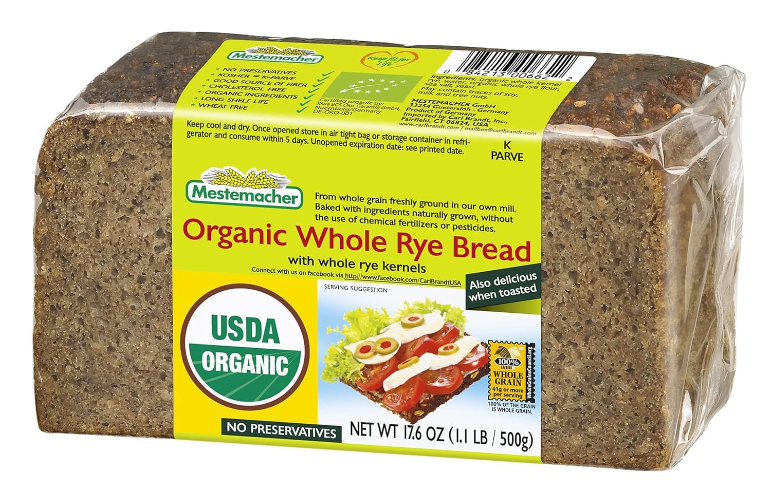 Mestemacher rye slice close-up revealing dense crumb and hearty texture, great for satiety