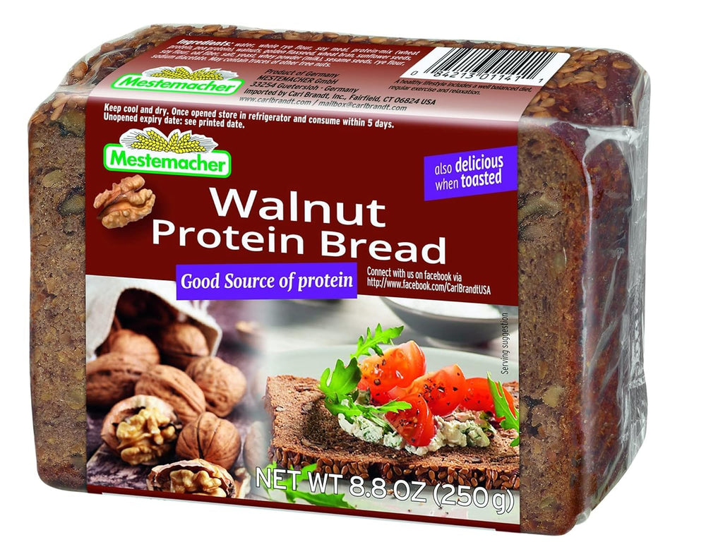 Mestemacher close-up of walnut pieces and dense crumb highlighting texture
