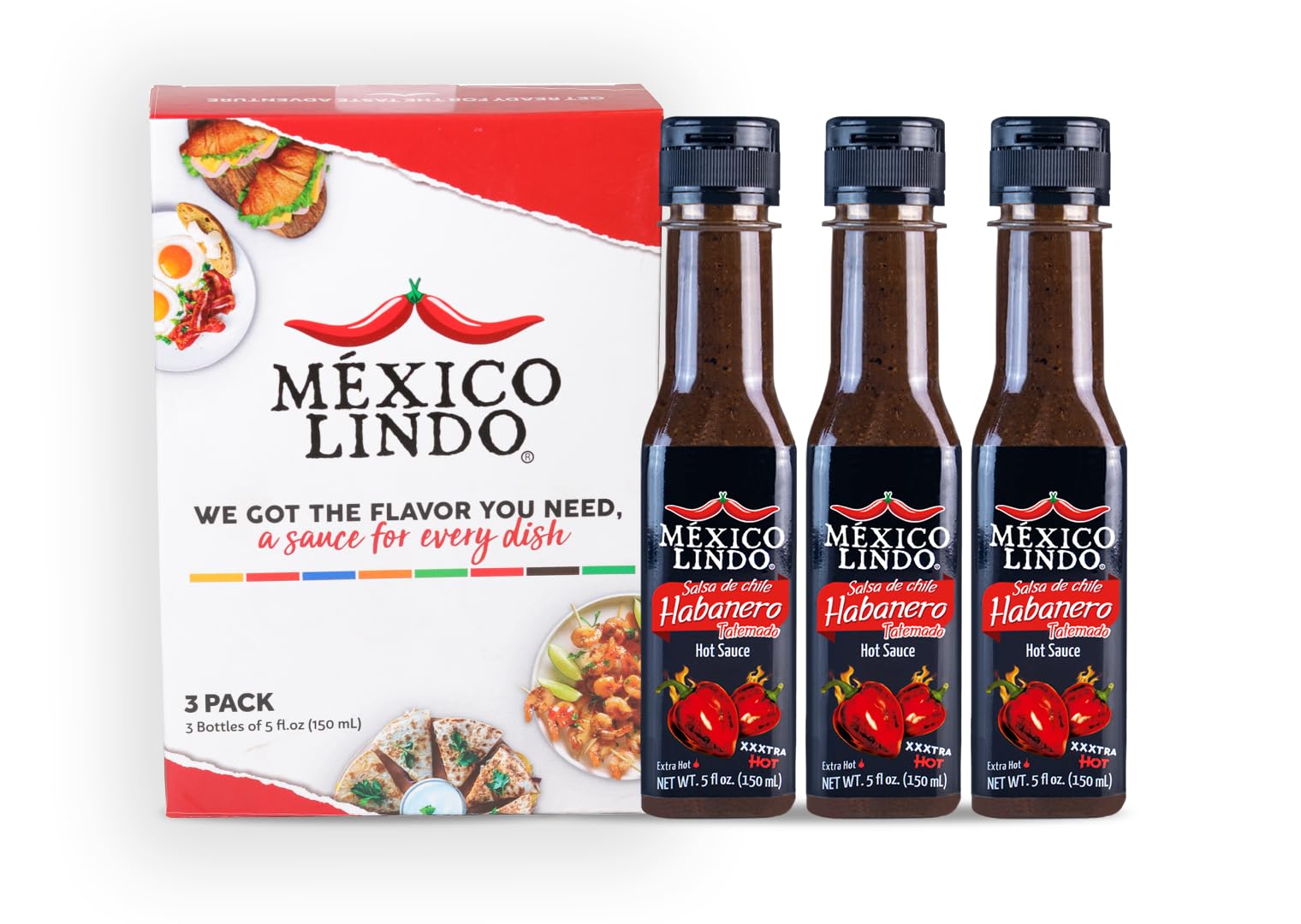 Mexico Lindo front packaging showing three bottles, clear value and bold label