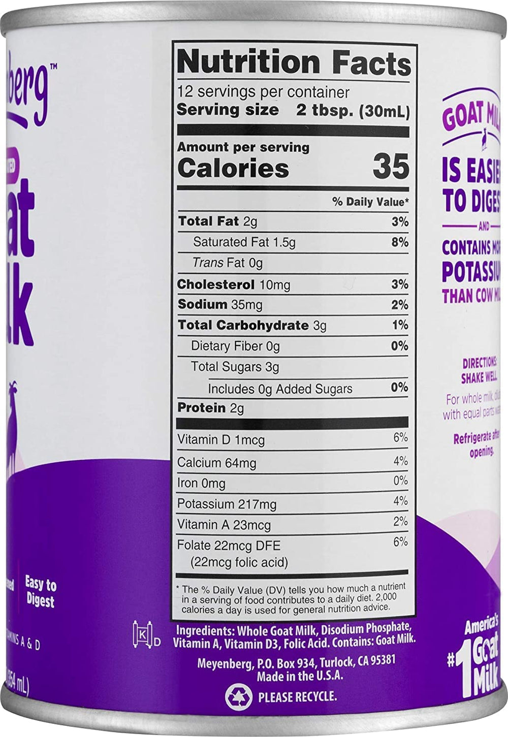 Meyenberg label closeup showing nutrition and ingredients, assures quality sourcing