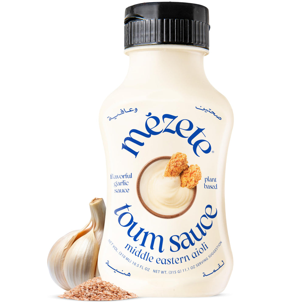 Mezete front packaging showing 315g squeeze bottle and bold garlic label benefiting portability