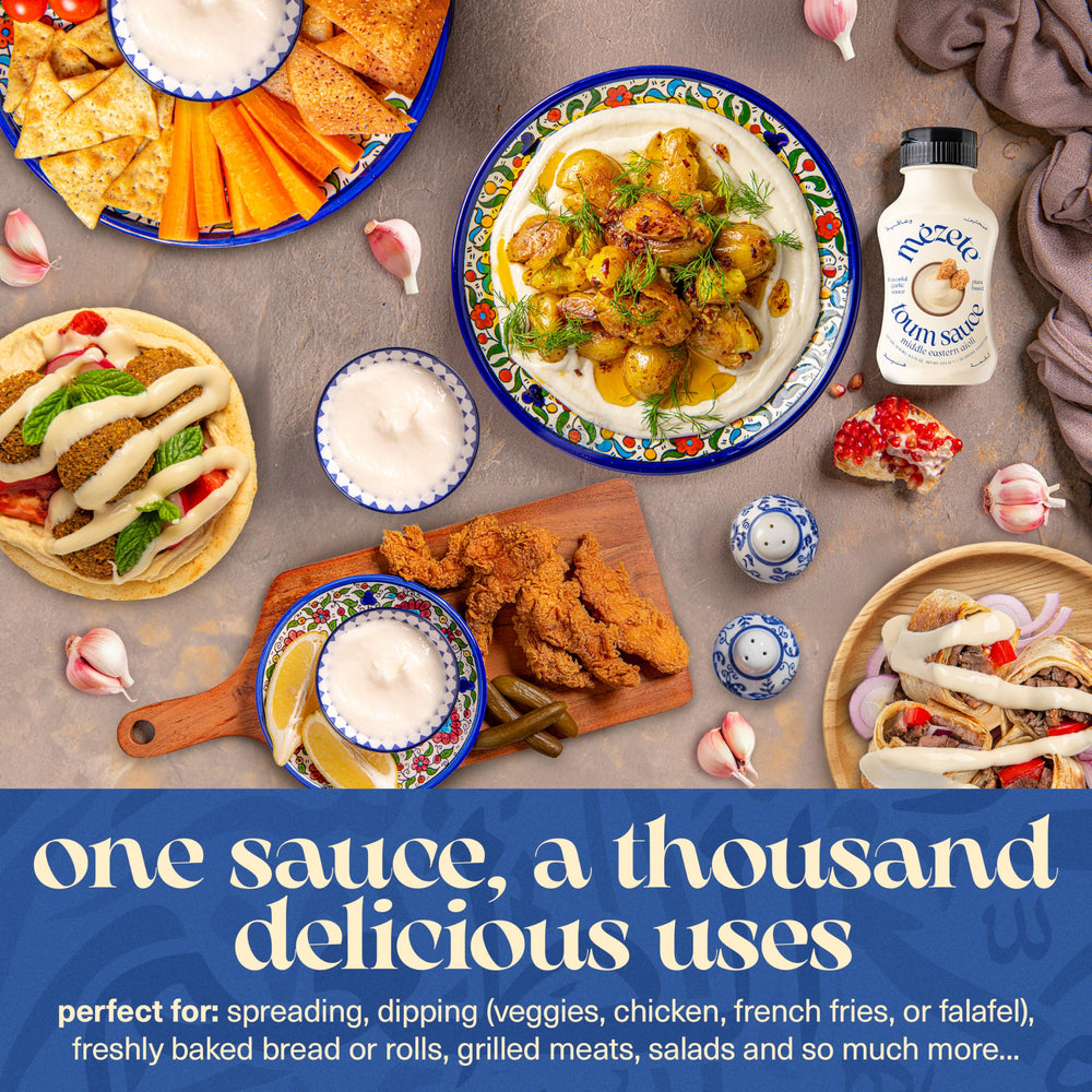 Mezete size comparison beside a sandwich showing 315g bottle convenience and portion control benefit