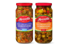 Mezzetta front view of two 16 oz jars showing mild and hot labels and vibrant vegetables