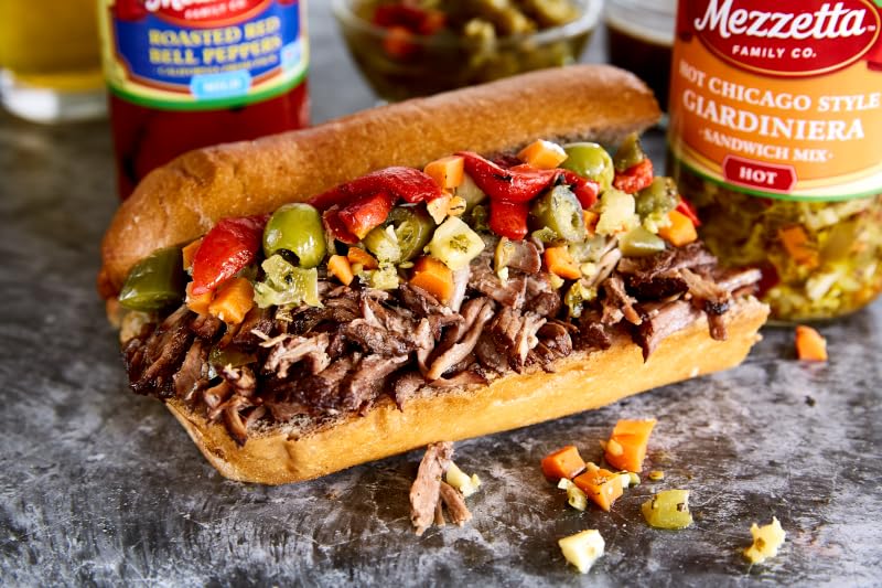 Mezzetta close-up spoonful of giardiniera showcasing crisp vegetables and spicy serrano flavor