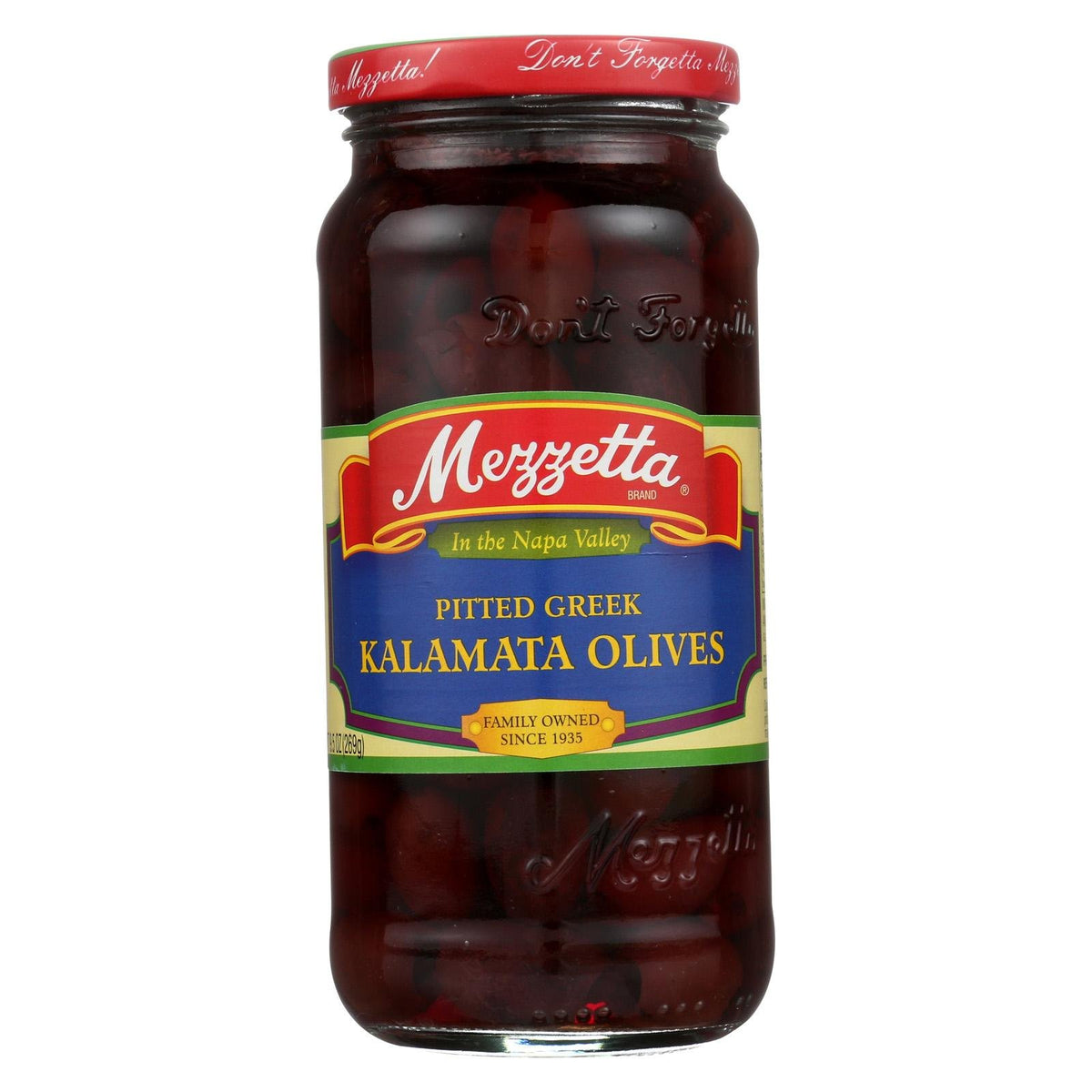Mezzetta jar front view showing olives, ready-to-eat and enhancing recipes