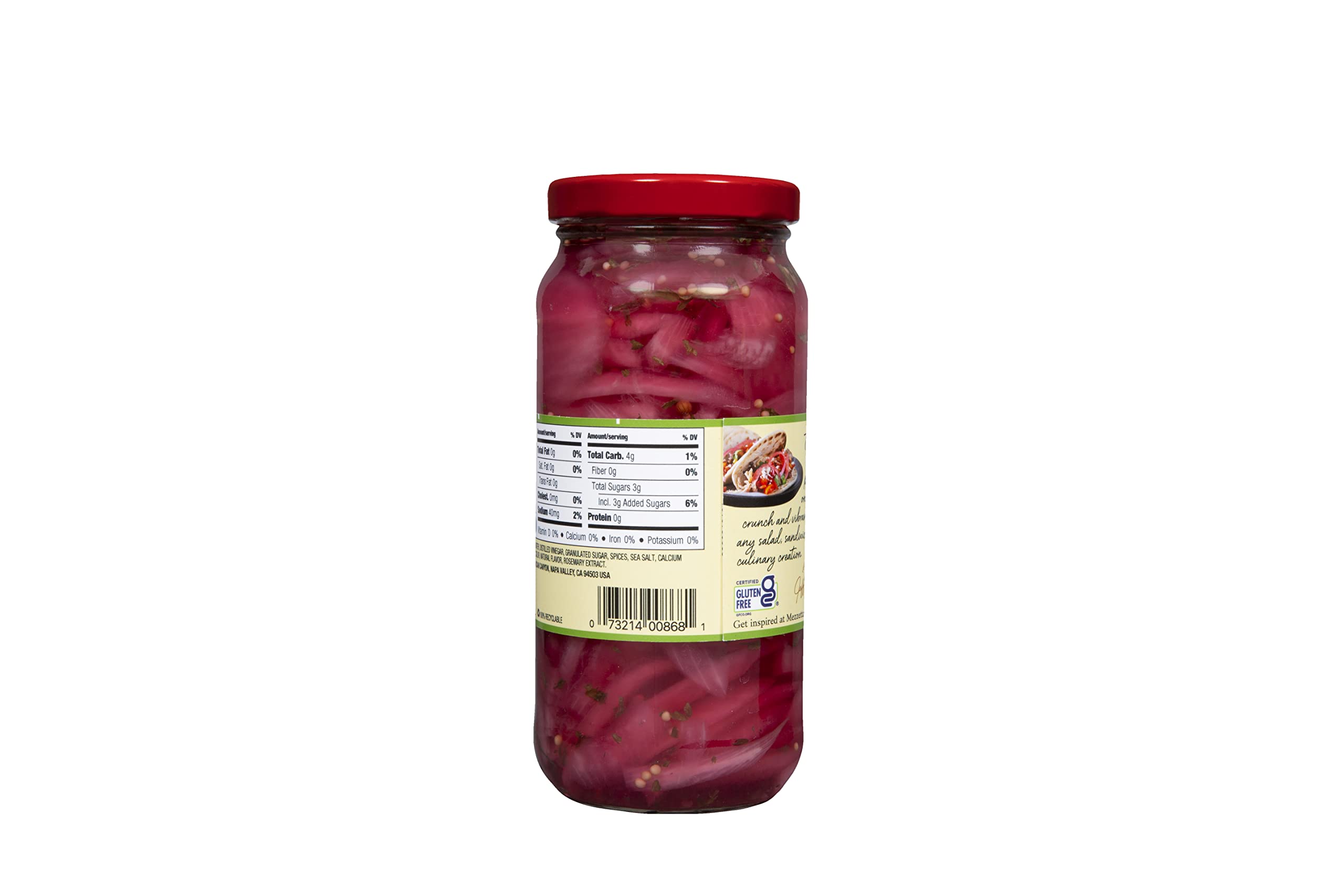 Opened Mezzetta jar with sliced red onions ready to garnish meals