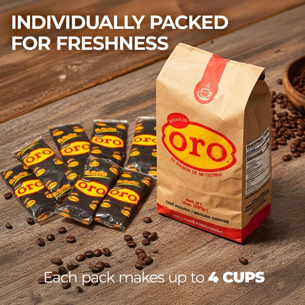 Mi Café es Oro 14 oz bag next to common items showing real scale