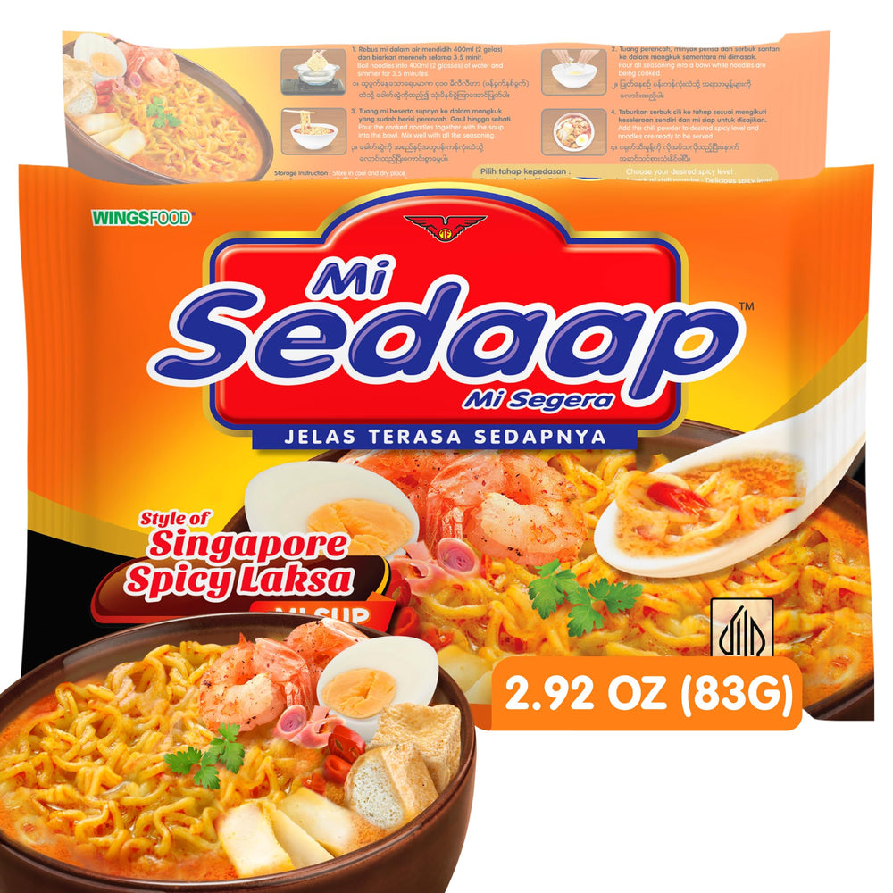 Wingsfood Sedaap thirty-pack stacked for pantry stocking convenience