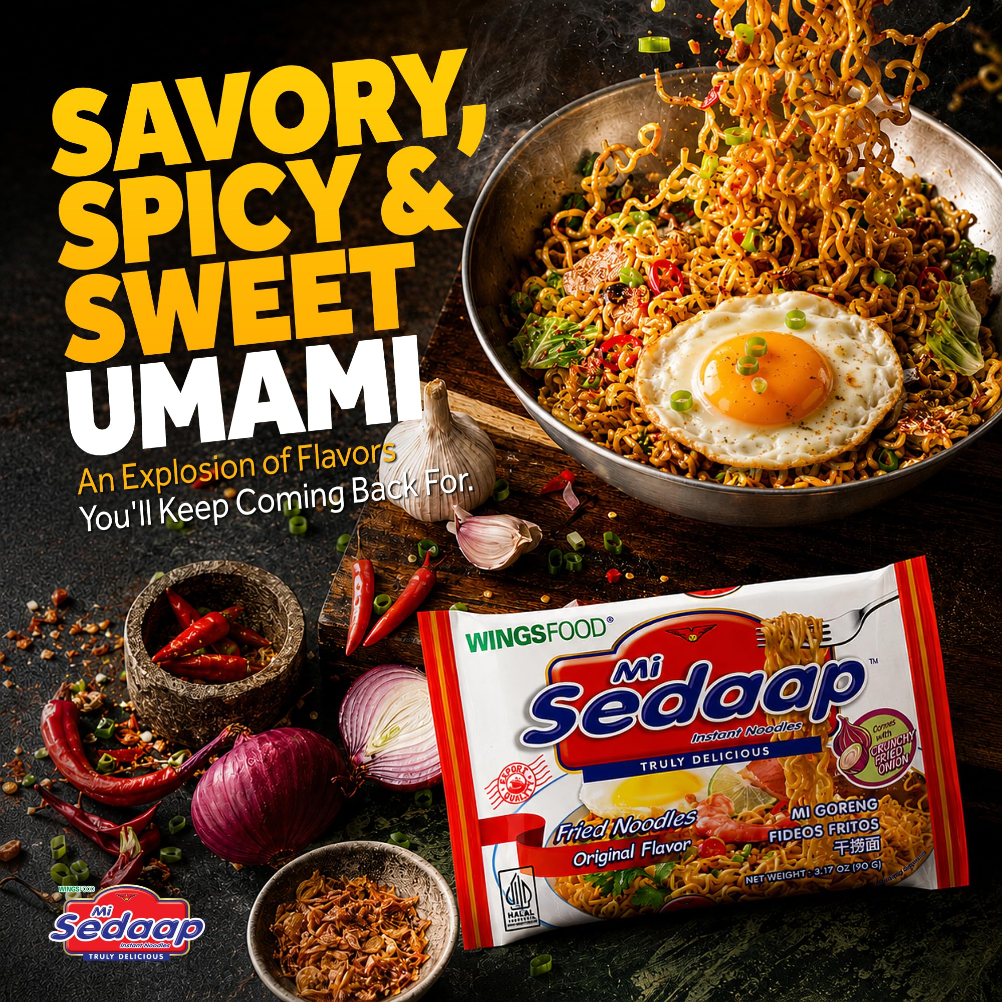 Mi Sedaap seasoning sachets arranged to show sauce, oil, and topping variety