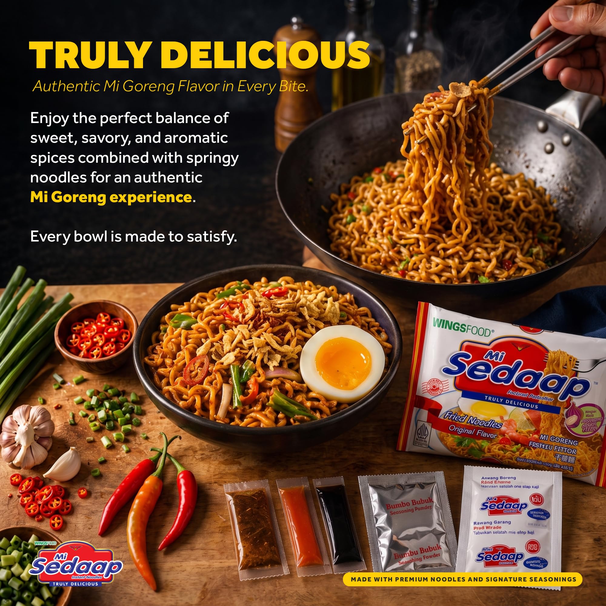 stir-fry pan with Mi Sedaap noodles being tossed to show simple cooking