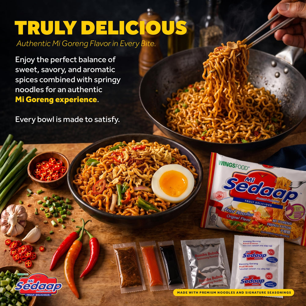 stir-fry pan with Mi Sedaap noodles being tossed to show simple cooking