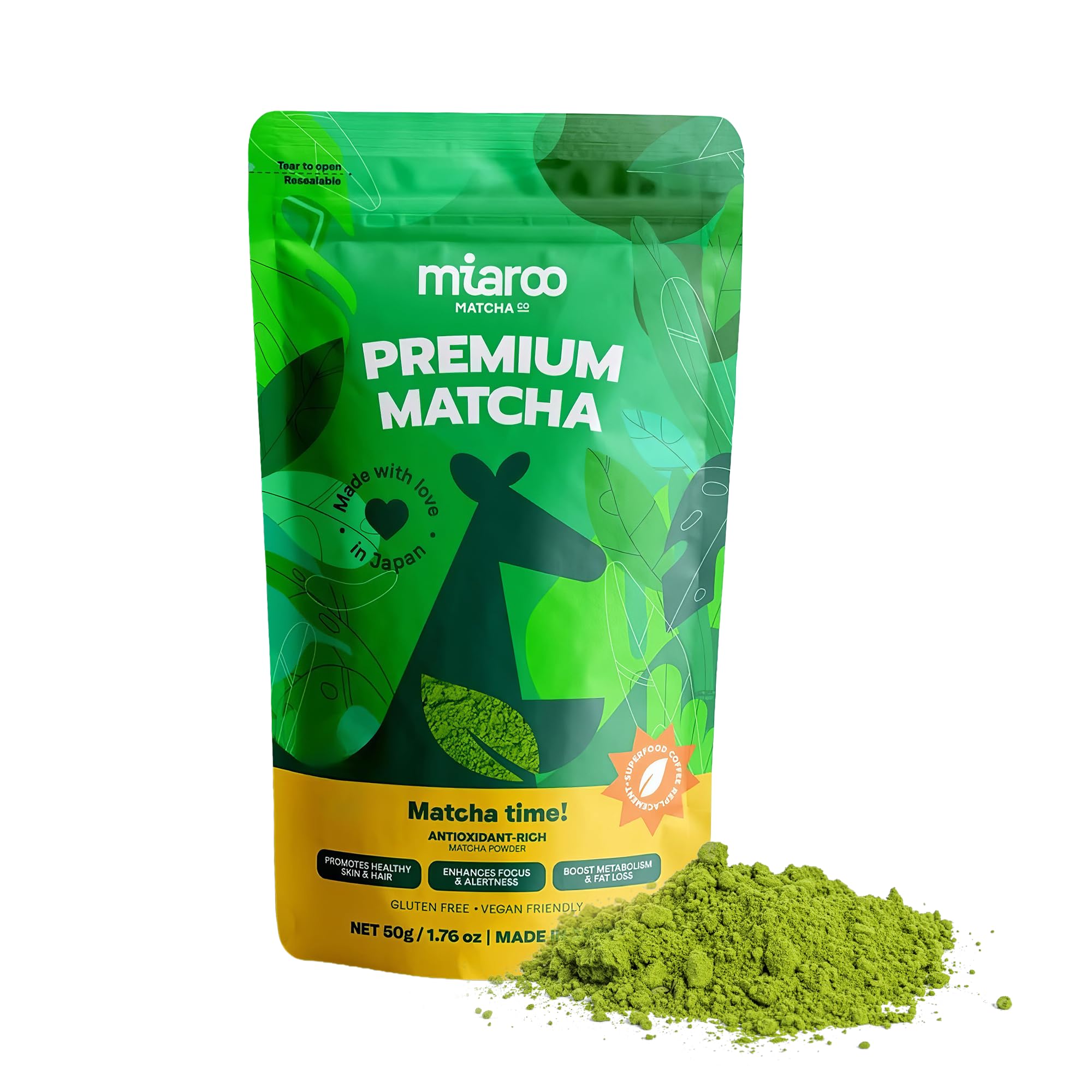 Miaroo front pouch showing branding and vibrant green powder benefit clarity