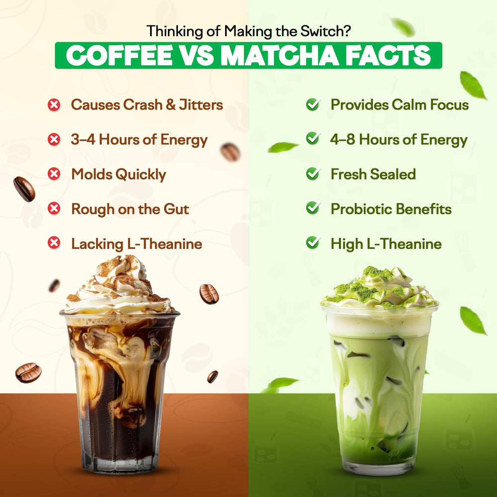 Hot Miaroo matcha latte in cup with foam offering comforting energy benefit