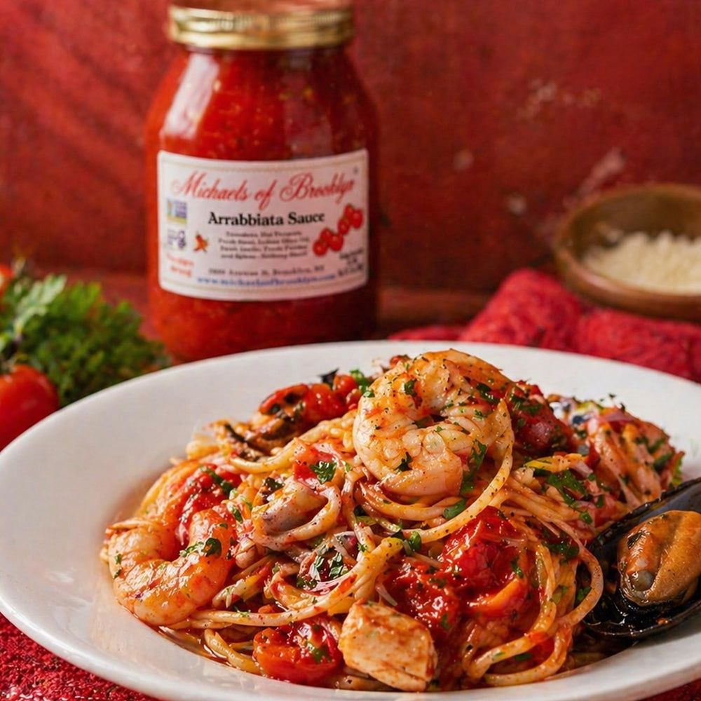 Michaels of Brooklyn sauce served on penne demonstrating quick weeknight meal solution