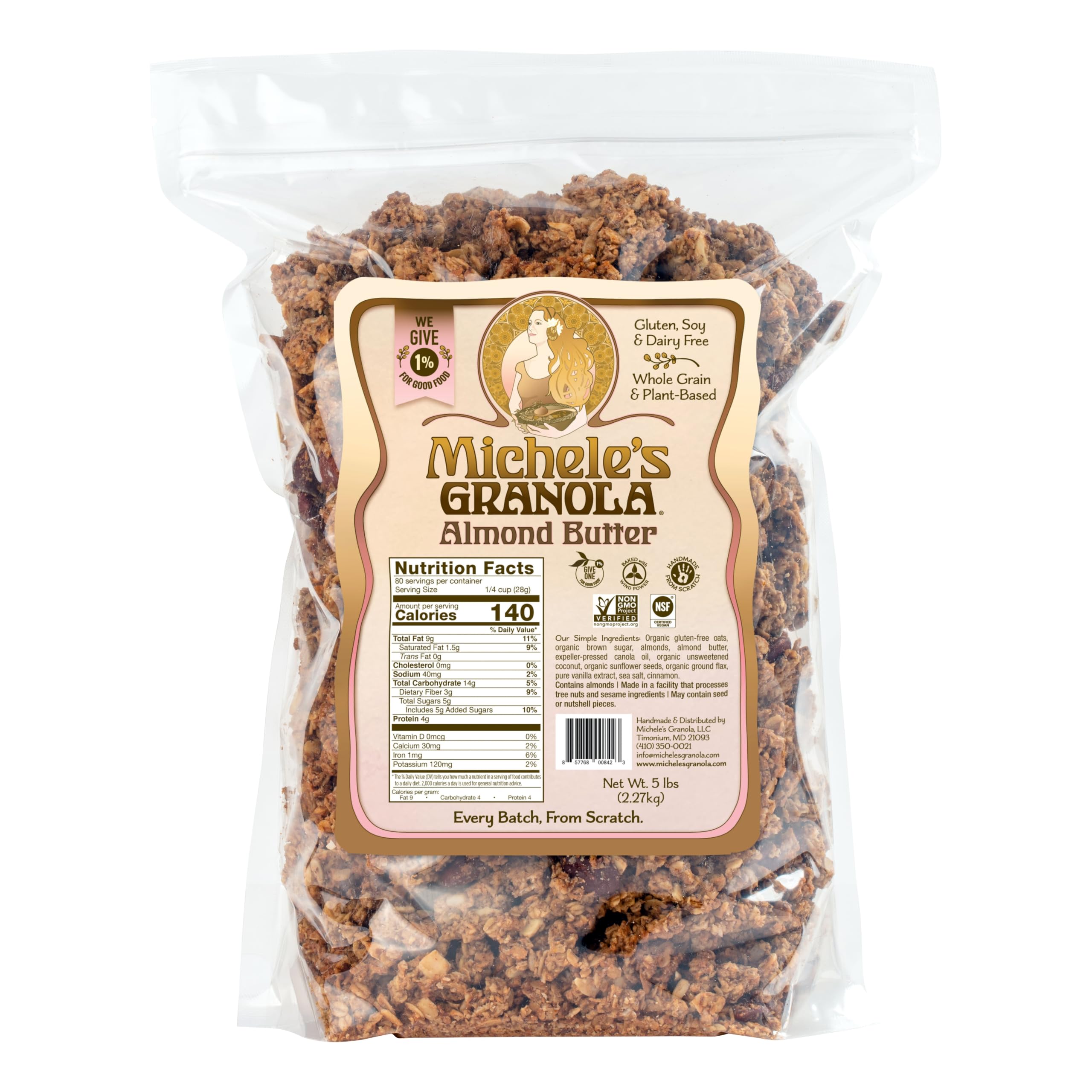 Michele’s Granola front packaging showing family-size bag and bold branding benefits