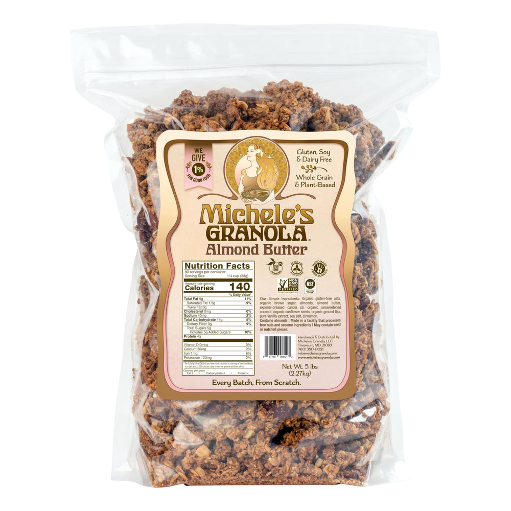 Michele’s Granola front packaging showing family-size bag and bold branding benefits