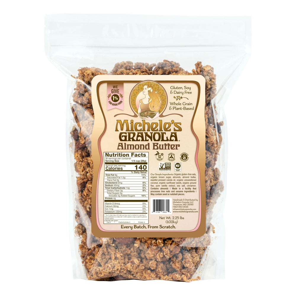 Michele's Granola family-size bag front view showing almond butter flavor and benefits