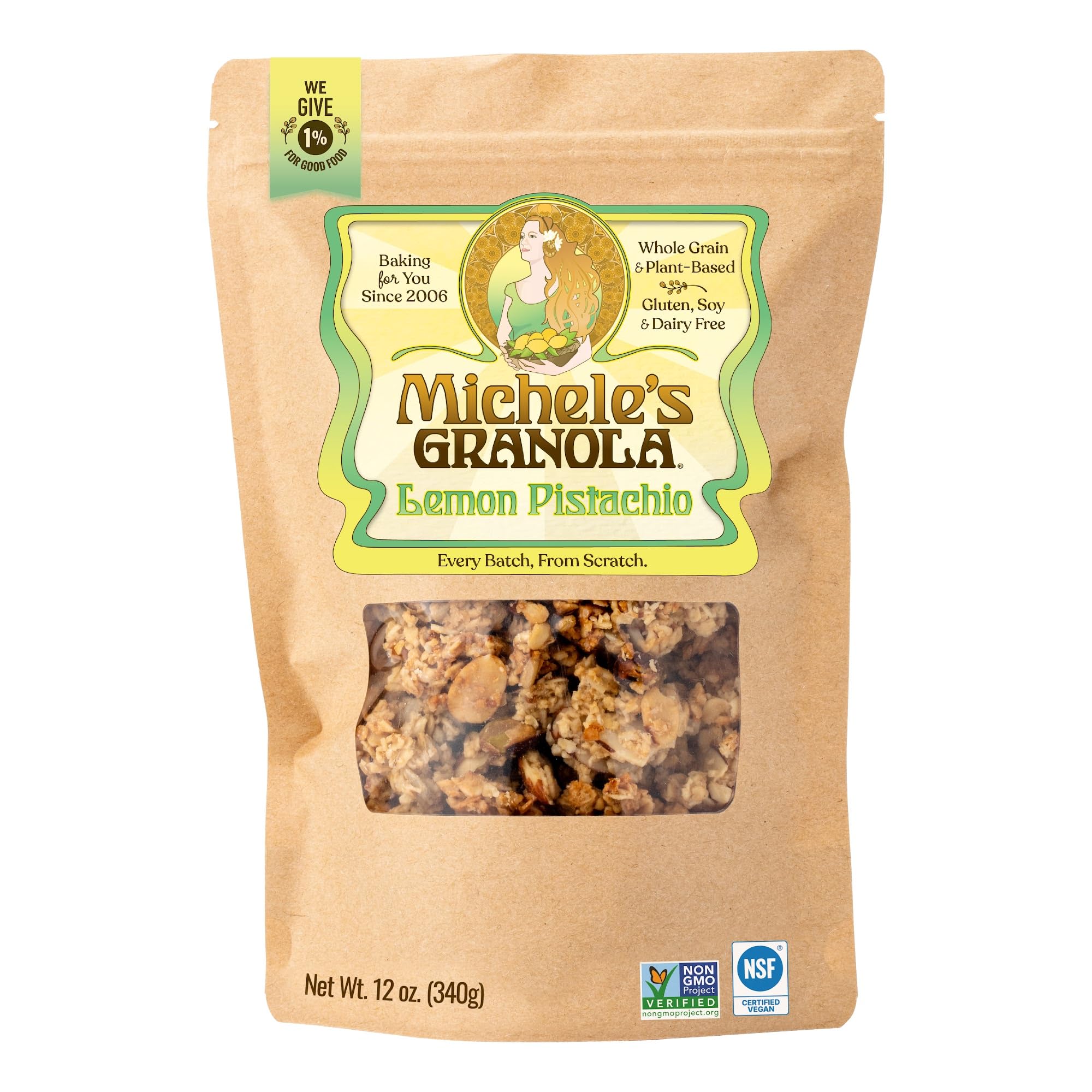 Michele’s Granola front packaging showing lemon pistachio flavor and freshness