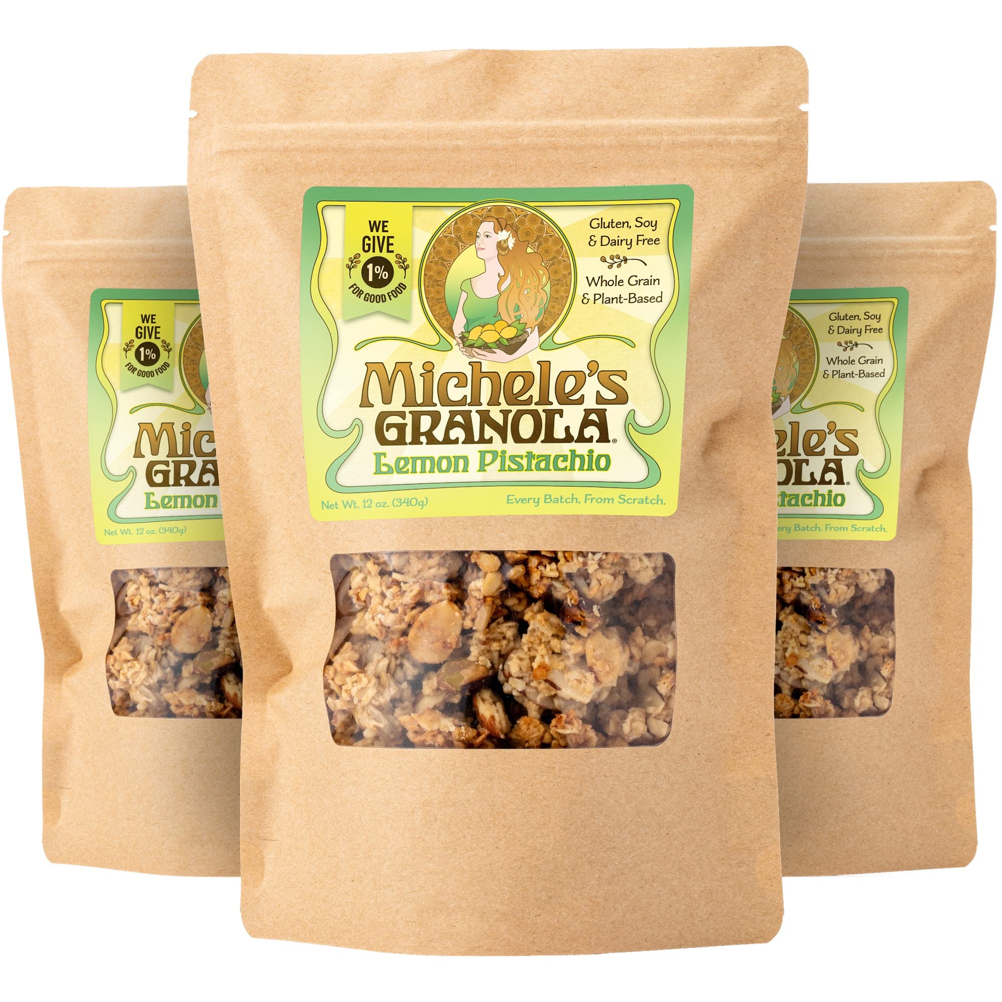 Michele's Granola front packaging showing brand and lemon pistachio benefit