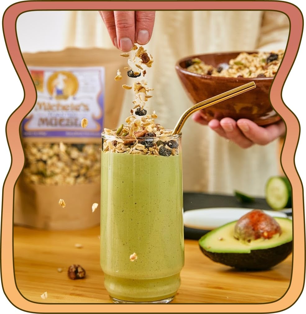 Michele’s Granola family-size bag next to measuring cup showing generous quantity