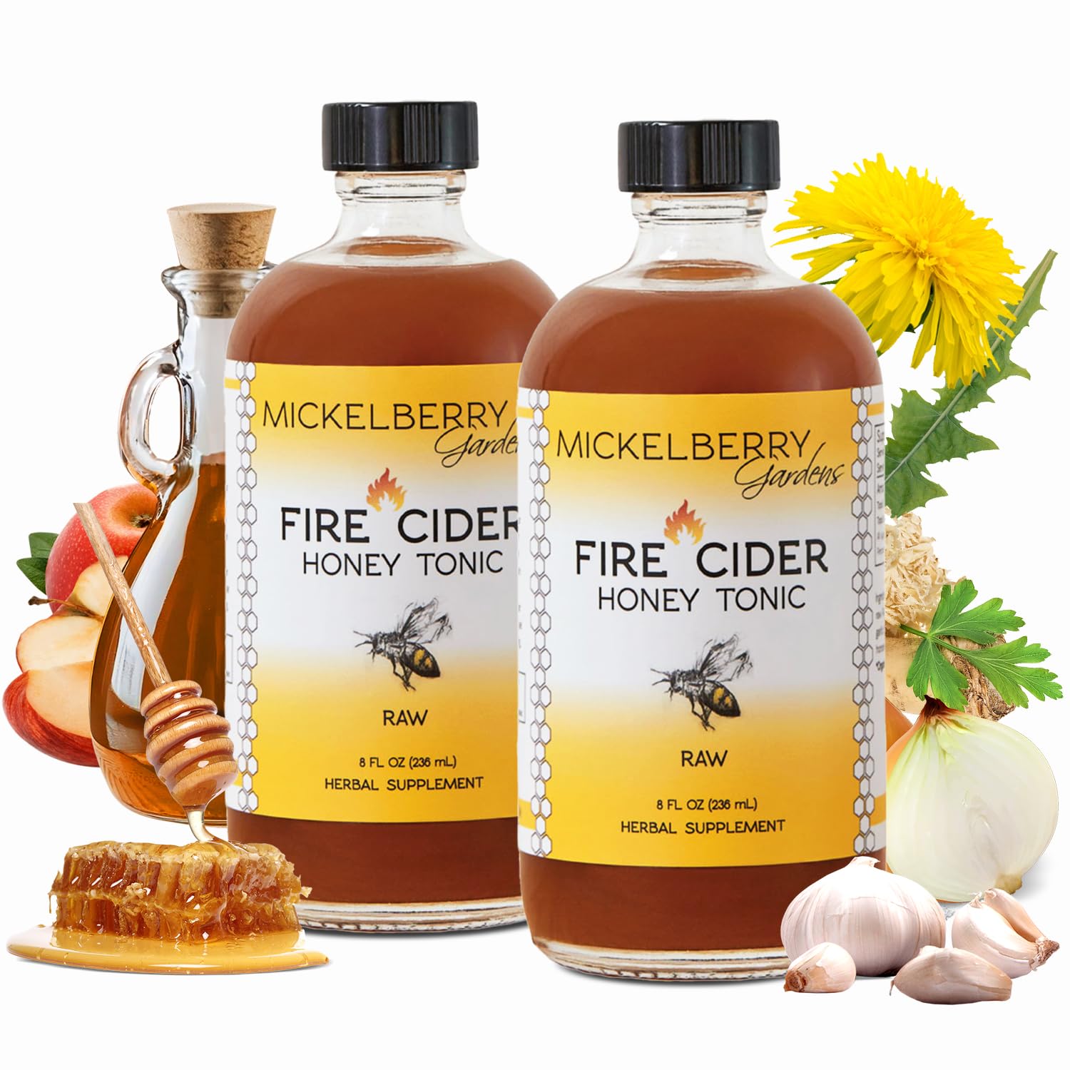 Mickelberry Gardens front-packaging showing two 8oz bottles and brand clarity benefit