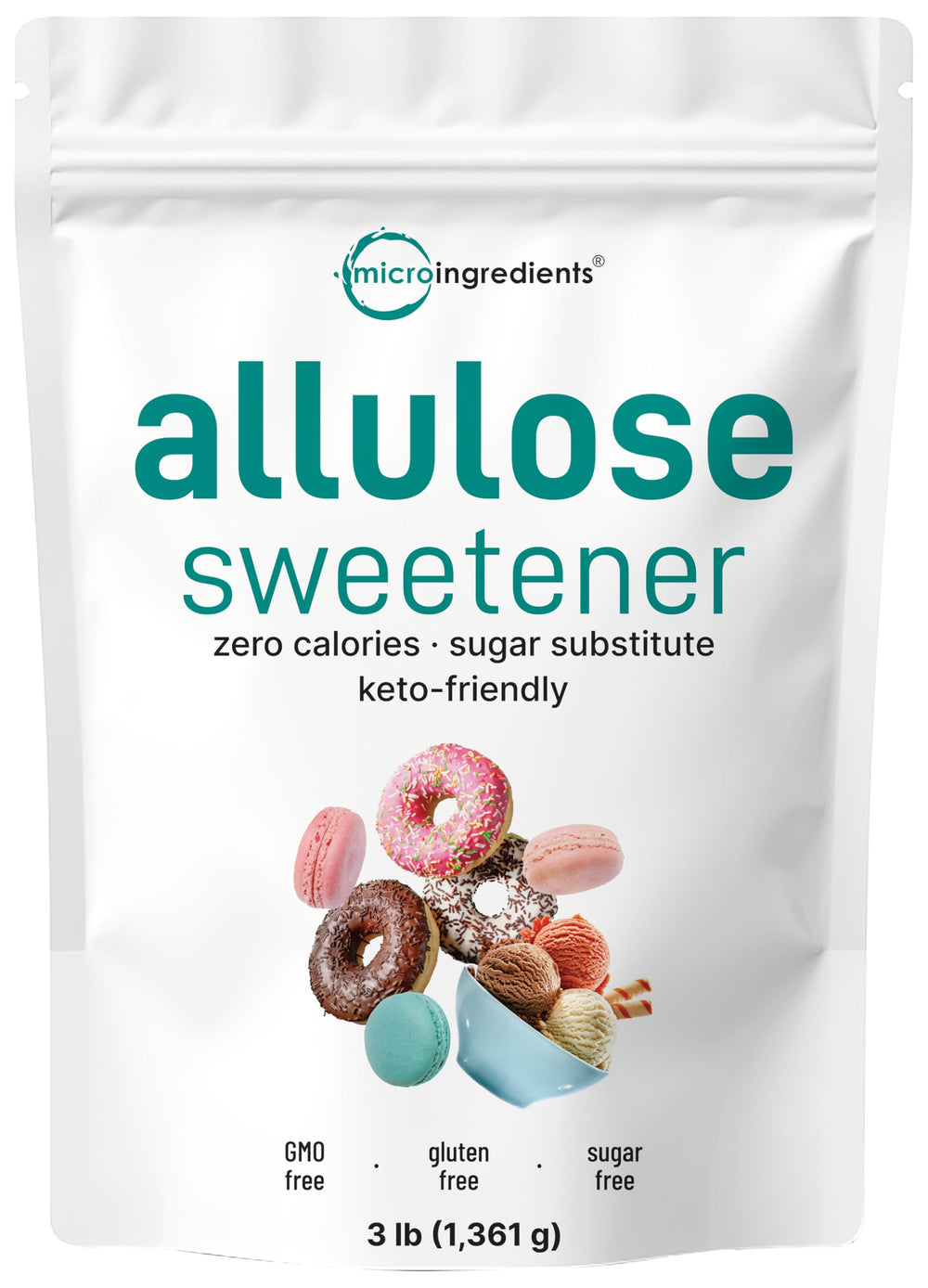 Micro Ingredients front packaging showing 3 lb zero-calorie sweetener benefit convenience