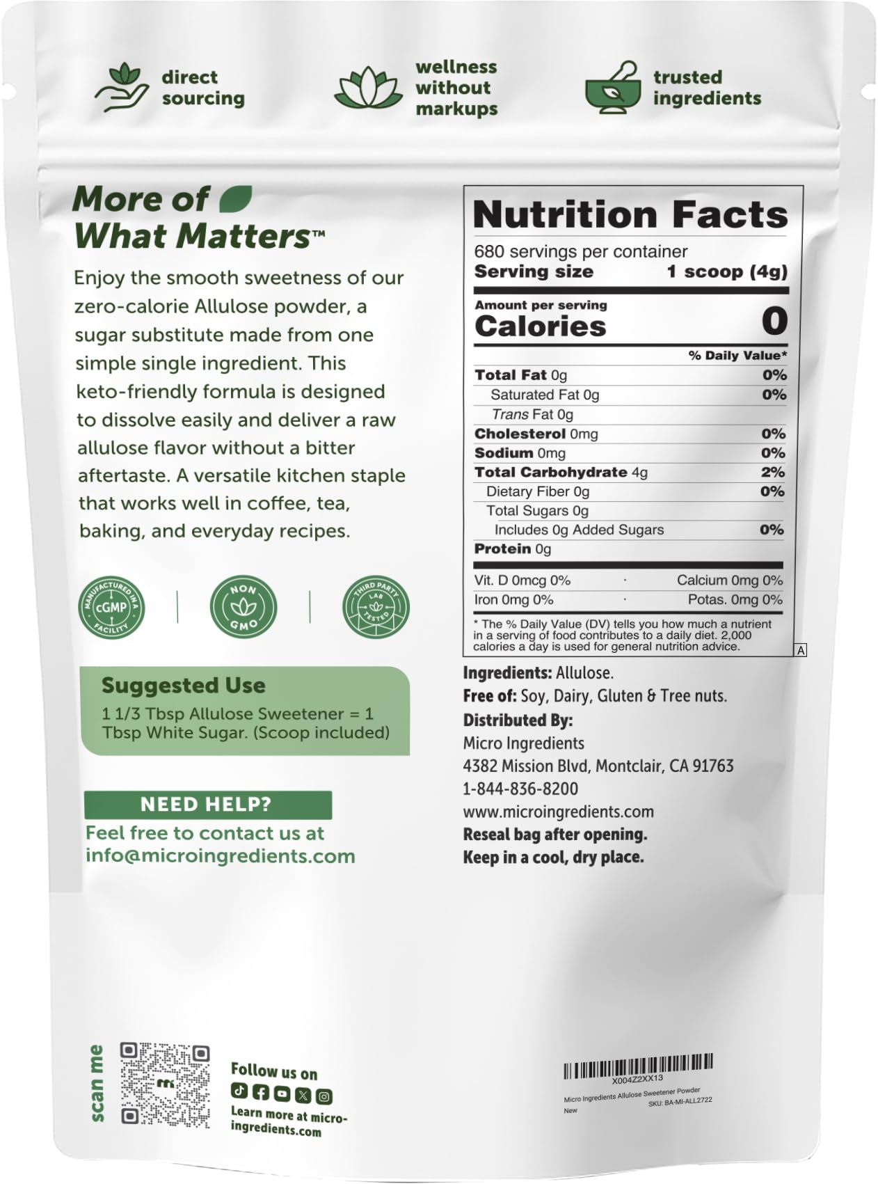 Micro Ingredients allulose beside a kitchen scale illustrating 6 lb size and cost savings