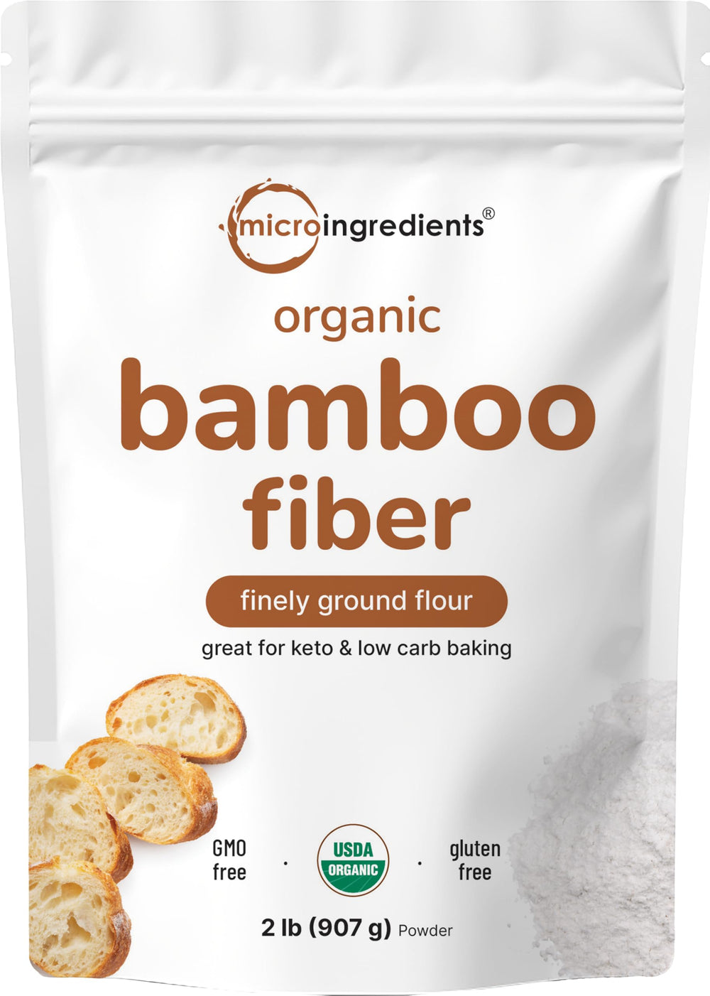 Micro Ingredients front pouch showing 2 lb bamboo fiber powder and clear resealable bag benefit storage