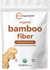 Micro Ingredients front pouch showing 2 lb bamboo fiber powder and clear resealable bag benefit storage