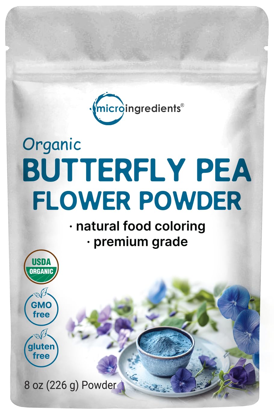Micro Ingredients pouch front view showing label and resealable top, highlights freshness