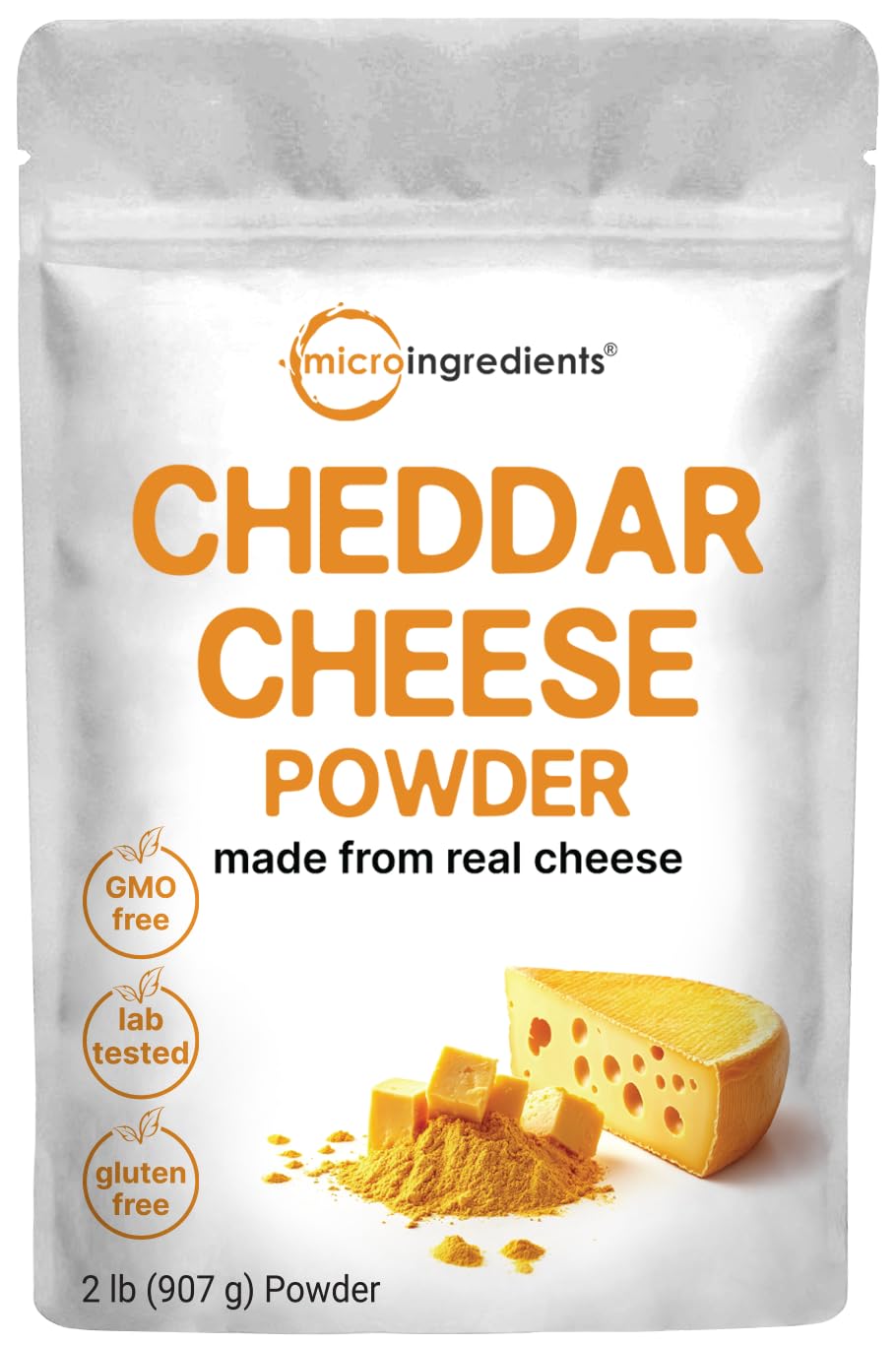 Micro Ingredients front packaging showing 2 lb cheddar powder and product benefit