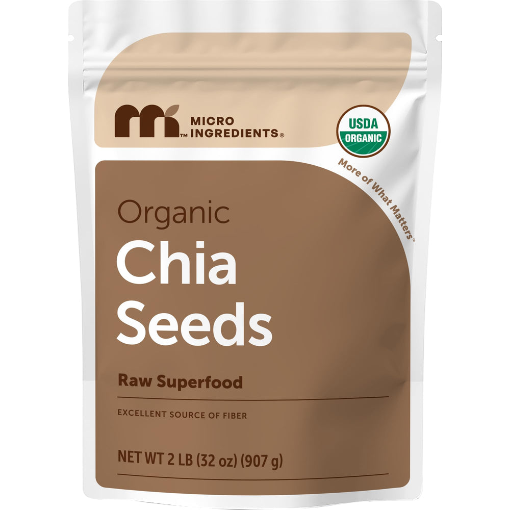 Micro Ingredients front pouch showing 2lb organic chia seeds and clear labeling benefit convenience