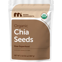 Micro Ingredients front pouch showing 2lb organic chia seeds and clear labeling benefit convenience