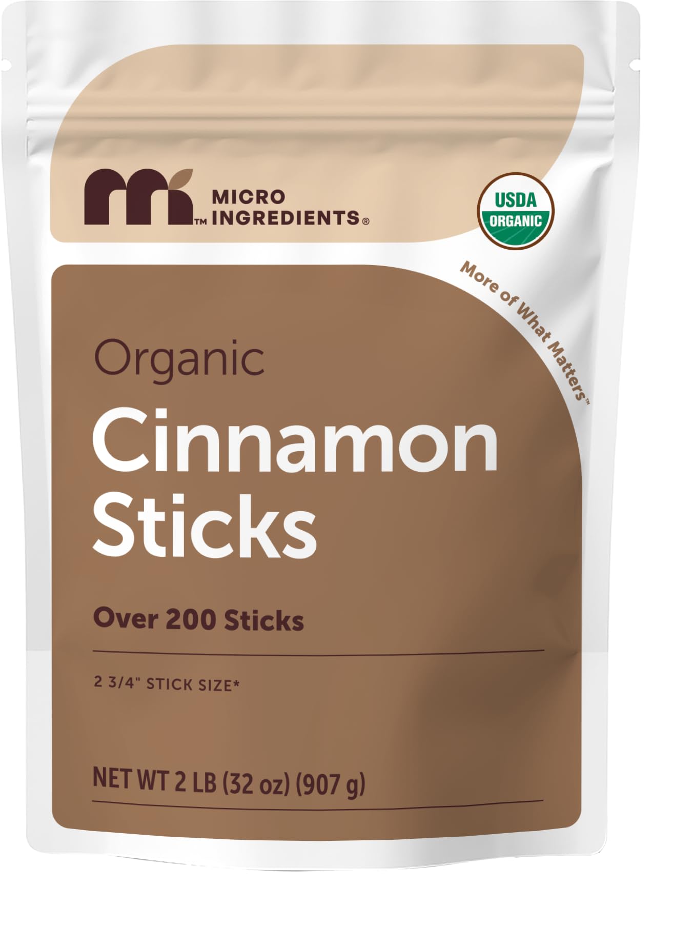 Micro Ingredients pouch of 2 lb cinnamon sticks showing packaging and quantity benefit