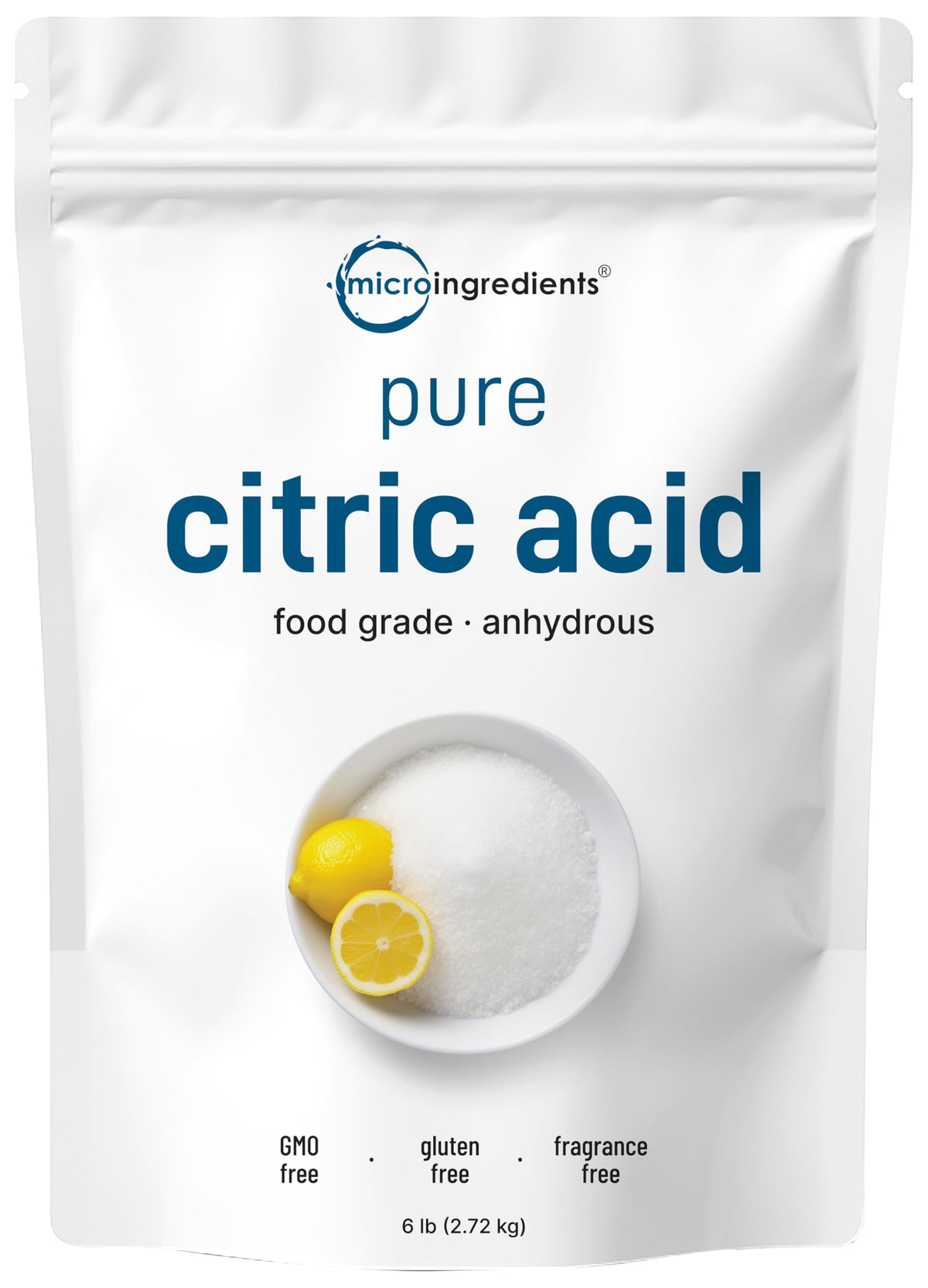 Micro Ingredients front packaging showing 6 pound citric acid for bulk use and value