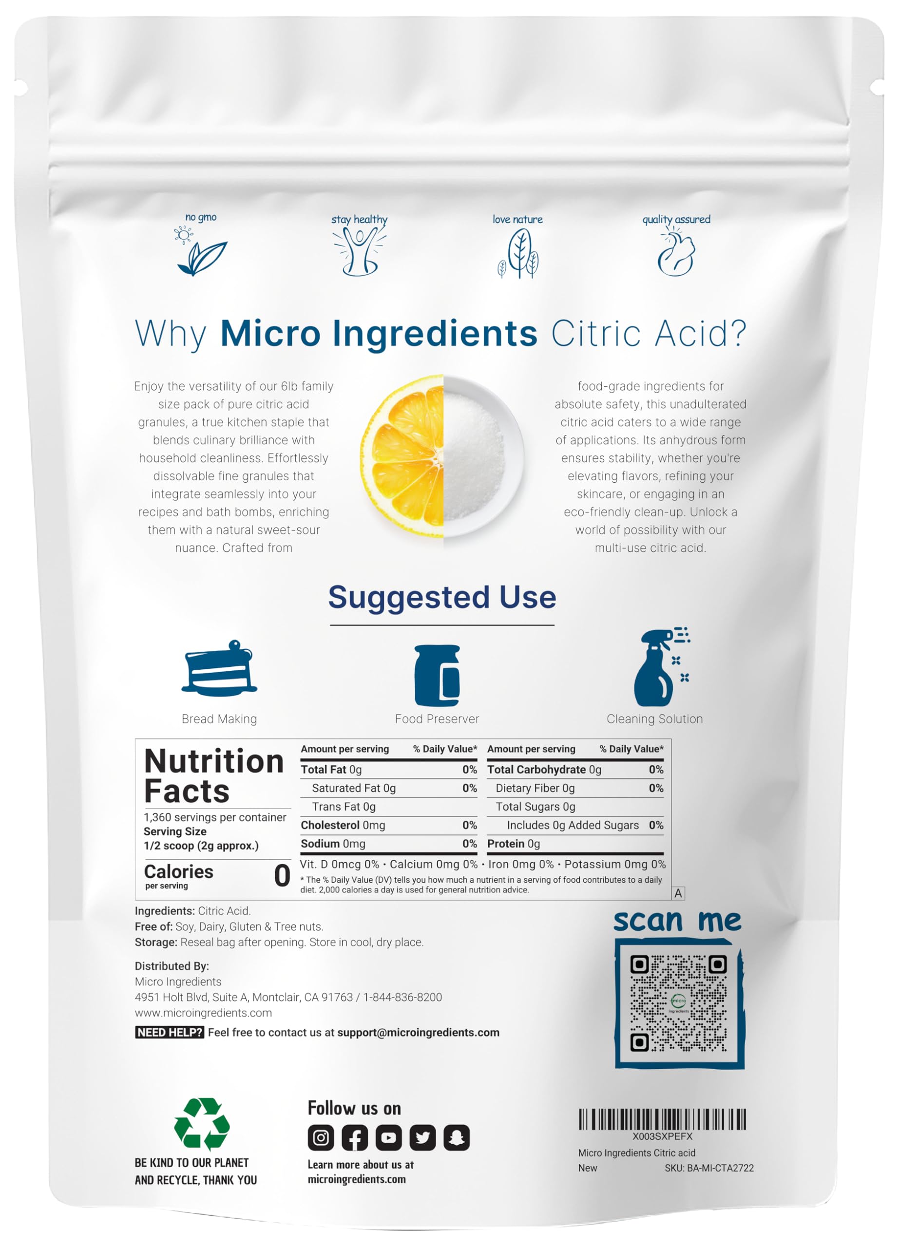 Micro Ingredients closeup of fine granular citric acid texture for quick dissolution