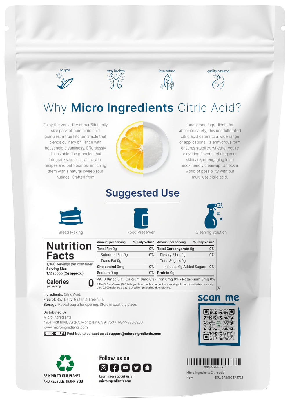 Micro Ingredients closeup of fine granular citric acid texture for quick dissolution