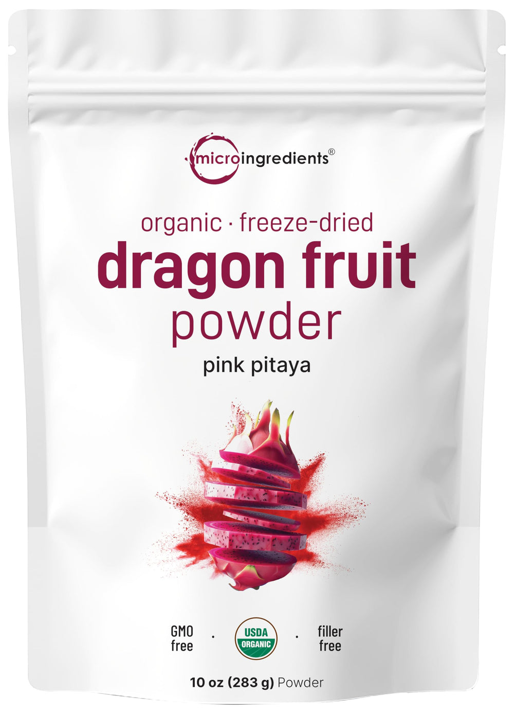 Micro Ingredients front packaging showing organic dragon fruit powder, convenient resealable pouch