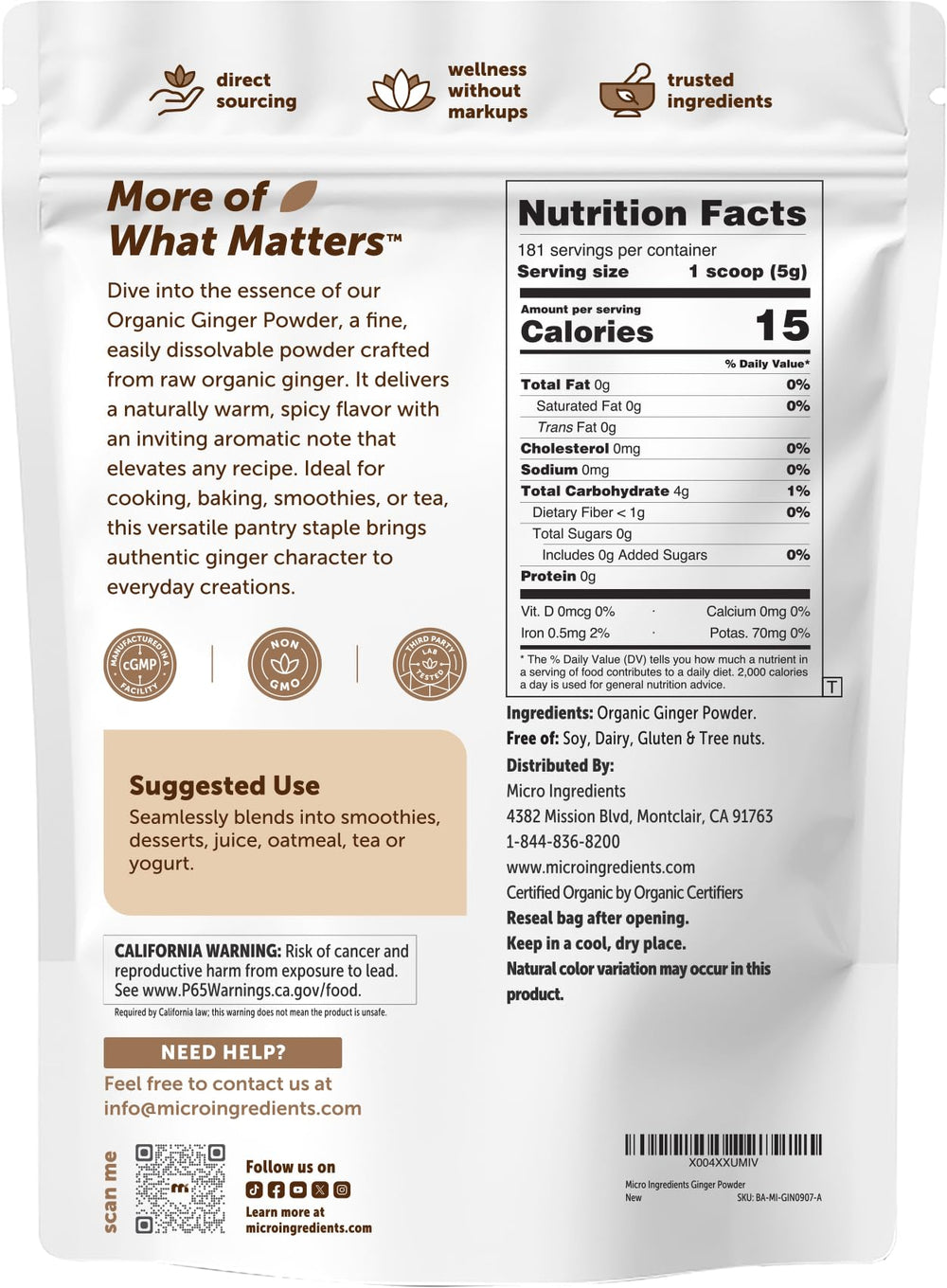 Micro Ingredients product label detail showing organic and additive-free benefits