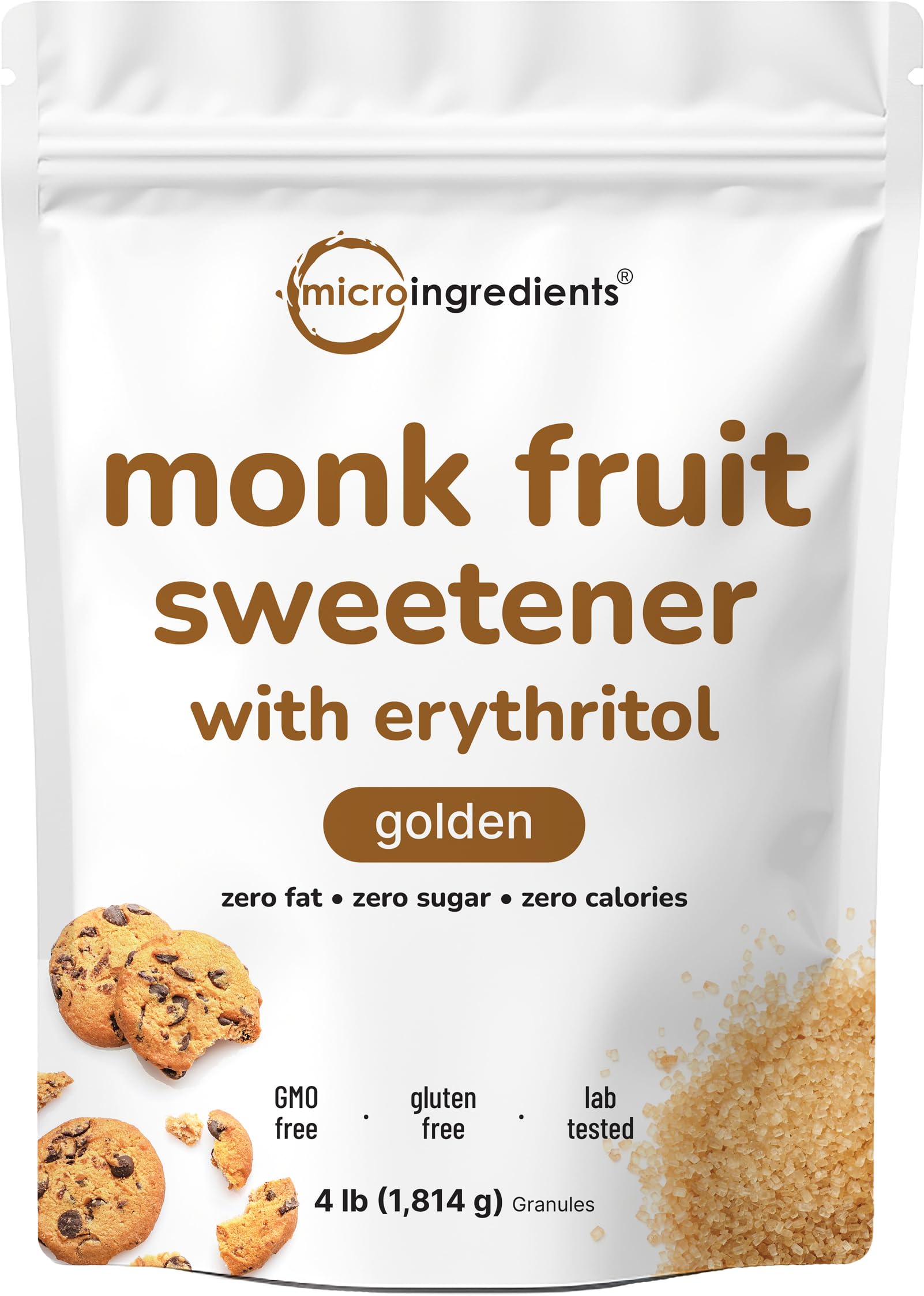 Micro Ingredients front pouch showing 4 lb golden monk fruit sweetener benefit convenience
