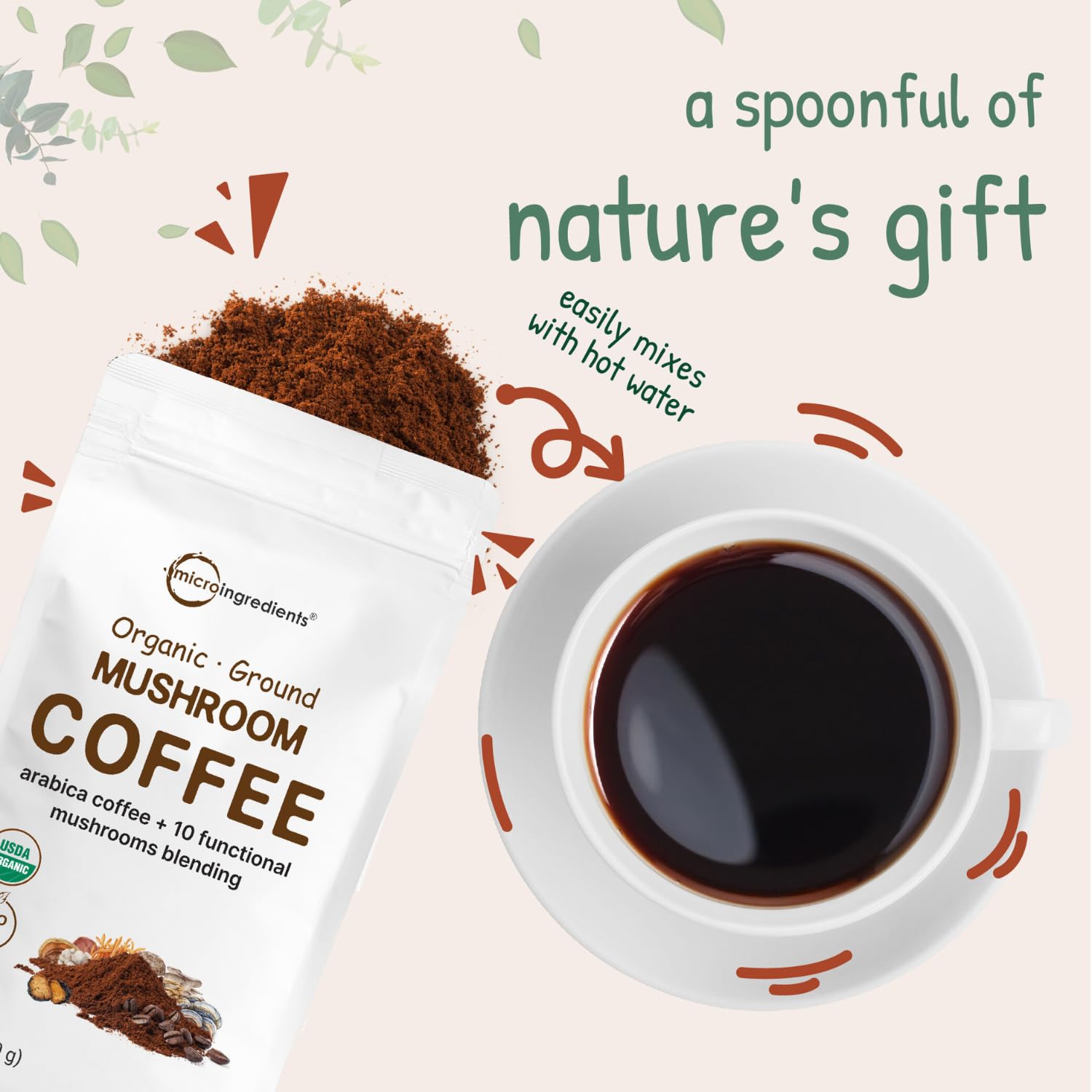Micro Ingredients ingredient label listing ten mushrooms and clean sourcing benefit