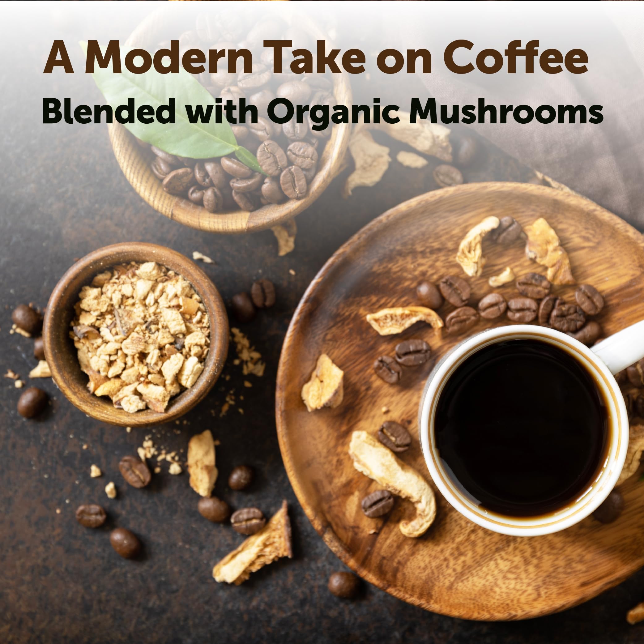 Micro Ingredients overhead of jar with mushroom and coffee ingredients, ingredient clarity