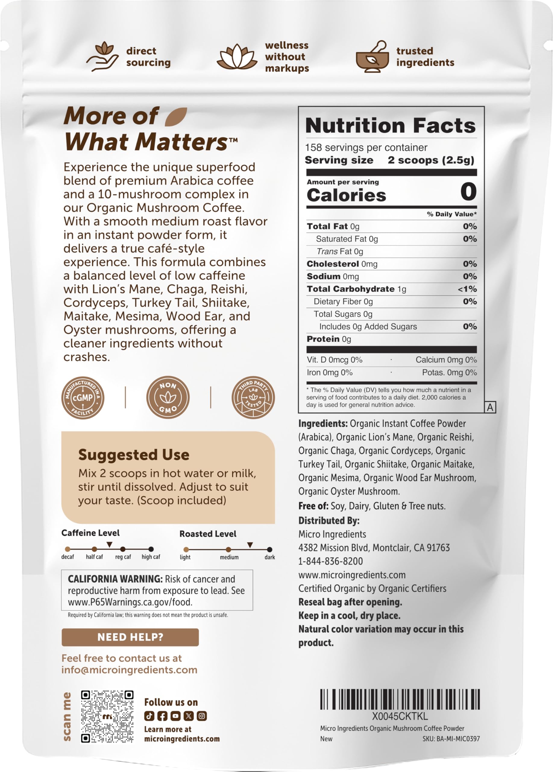 Micro Ingredients label close-up showing organic and non-GMO certifications, trust signals