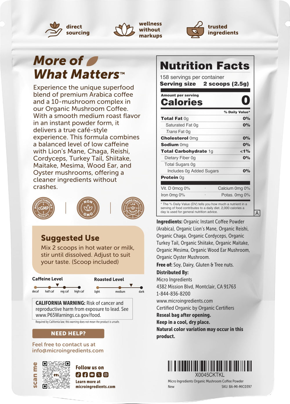 Micro Ingredients label close-up showing organic and non-GMO certifications, trust signals